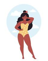 Schwarze übergewichtige Frau im Retro-Badeanzug. Hallo Sommer. Körper positiv vektor