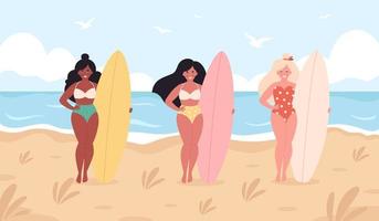 Frauen mit Surfbrettern am Strand. Hallo Sommer, Sommeraktivität, Sommerzeit, Surfen.