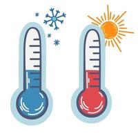 termometer. två termometrar varma och kalla. väderprognos. meteorologiska termometrar i Celsius och Fahrenheit mäter värme och kyla. vektor hand rita illustration isolerade