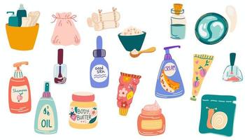Kosmetik-Set. personalisierte Beauty-Produkte. Shampoo, Creme, Gesichtsmaske, Patches, Lippenstift, Öl, Make-up-Pinsel, Massageroller. Cliparts für Hautprodukte. Gesichts- und Körperpflege. Vektor