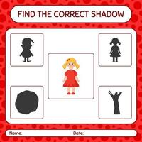 Finden Sie das richtige Schattenspiel mit Puppe. arbeitsblatt für vorschulkinder, kinderaktivitätsblatt vektor