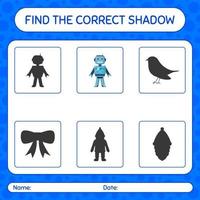 Finden Sie das richtige Schattenspiel mit Roboterspielzeug. arbeitsblatt für vorschulkinder, kinderaktivitätsblatt vektor