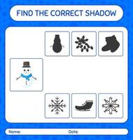 hitta rätt skuggspel med snögubbe. arbetsblad för förskolebarn, aktivitetsblad för barn vektor
