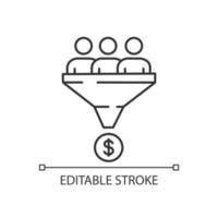 trafikkonvertering linjär ikon. försäljningstratt. tunn linje illustration. internet marknadsföringsstrategi. kundfilter. omvandlingsfrekvens. generering av leads. kontur symbol. vektor isolerade konturritning