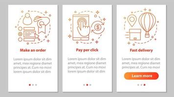 online shopping onboarding mobil app sidskärm med linjära koncept. digitala köp. lägga en beställning, betalning per klick, snabb leverans. steg grafiska instruktioner. ux, ui, gui vektorillustrationer vektor