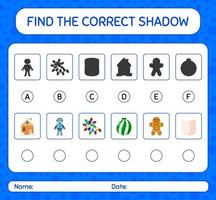 hitta rätt skuggspel med julikonen. arbetsblad för förskolebarn, aktivitetsblad för barn vektor