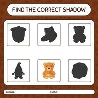 Finden Sie das richtige Schattenspiel mit Teddybär. arbeitsblatt für vorschulkinder, kinderaktivitätsblatt vektor