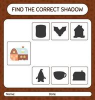 Finden Sie das richtige Schattenspiel mit Haus. arbeitsblatt für vorschulkinder, kinderaktivitätsblatt vektor
