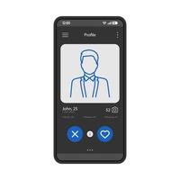 dating app profil gränssnitt vektor mall. mobil app gränssnitt svart design layout. online dating smartphone applikation. platt ui. telefondisplay med mannens profilinformation