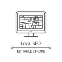 lokales seo lineares symbol. Geolocation-Targeting für Geschäfte, Cafés, Salons. digitale Kartierung. GPS Navigation. Optimierung der Standortsuche. Kontursymbol. Vektor isoliert Umrisszeichnung. editierbarer Strich