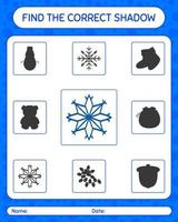 Finden Sie das richtige Schattenspiel mit Schneeflocke. arbeitsblatt für vorschulkinder, kinderaktivitätsblatt vektor