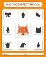 Finden Sie mit Red Fox das richtige Schattenspiel. arbeitsblatt für vorschulkinder, kinderaktivitätsblatt vektor