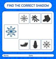 Finden Sie das richtige Schattenspiel mit Schneeflocke. arbeitsblatt für vorschulkinder, kinderaktivitätsblatt vektor