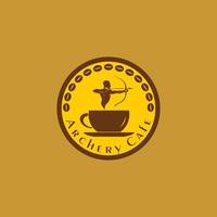 bågskytte café logotyp koncept, kafé logotyp designmall, gul, brun, choklad, kaffekopp ikon, ellips, rundad vektor