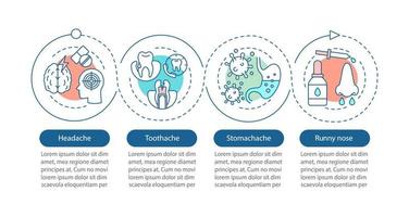 Infografik-Vorlage für Krankheitsvektoren. Kopfschmerzen, Zahnschmerzen, Bauchschmerzen, laufende Nase. Datenvisualisierung mit vier Schritten und Optionen. Diagramm der Prozesszeitleiste. Workflow-Layout