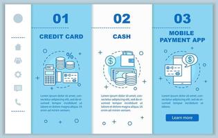 Banking Onboarding mobile Webseiten Vektorvorlage. Finanzdienstleistungen. Kreditkarte, Bargeld, mobile Zahlungs-App. Responsive Smartphone-Website-Oberfläche. Webseiten-Walkthrough-Schrittbildschirme. Farbkonzept vektor