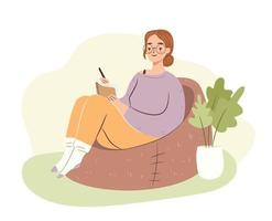 junge frau im taschenstuhlstudium. studentin, die in notizbuch schreibt, tagebuch führt. Hygge-Heimatmosphäre. flache vektorillustration vektor