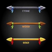 Gold, Holz, Steinspeere mit einem Band für die Flagge. Vektorsatz von Symbolen alter Waffen für das Spiel. vektor