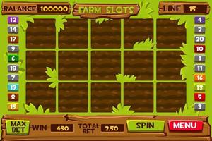 Farm-Slot-Vorlagen, Glücksspiel-Benutzeroberfläche zum Spielen. Vektor-Illustration-Hintergrundmenü für das Spiel, Gartenbetten. vektor