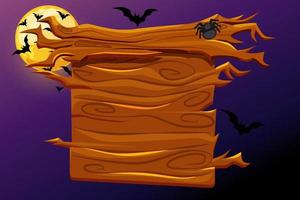 spel trä banner, skrämmande halloween semester bakgrund. vektor illustration av tecknad tavla med månen och fladdermöss.