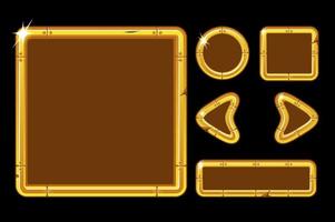 Vektor-Spiel-UI-Kit. goldene benutzeroberfläche für das spielmenü. goldfensterschnittstellenvorlage mit tasten, pfeilen. vektor