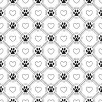 sömlös bakgrund med hjärtan, fotspår av husdjur i cirklar, fyrkantigt diagonalt rutnät med prickad linje. svartvitt. vektor. vektor