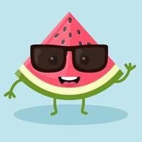 süße kawaii glückliche Wassermelonenscheibe mit schwarzer Brille, Fruchtvektorbild auf blauem Hintergrund vektor