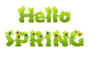 vektor bokstäver hej våren gräs med blommor. naturlig inskription vykort bakgrundsillustration.