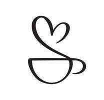 vektor kalligrafi kaffe eller te kopp med ånga av hjärta. svart och vit kalligrafisk illustration. handritad design för logotyp, ikoncafé, meny, textilmaterial