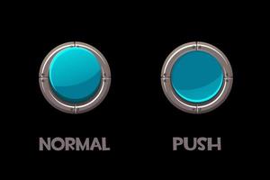 vektor isolerade runda metalliska knappar tryck och normal. blå knappar för spelets användargränssnitt.