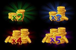 vektorillustration av bonus x2, x3, x4, x5 mynt i spelet. ökad bonus för vinnaren. vektor