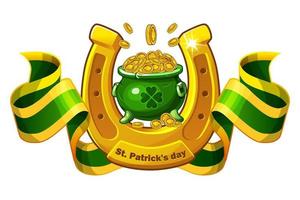 Vektor st. Patricks Day Banner mit grünem Münztopf. Abbildung eines goldenen Hufeisens und Band.