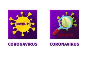 platta fyrkantiga ikoner av covid-19-virus under förstoringsglas. coronaepidemi bokstäver och logotyp. vektor