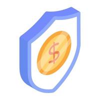 Schild und Dollar, isometrische Ikone der finanziellen Sicherheit vektor