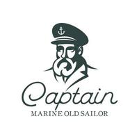 bärtiger Schiffskapitän oder Skipper mit Pfeife und Schirmmütze für marines nautisches Logo-Design für Segler vektor