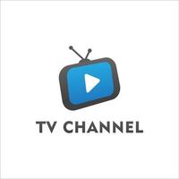 tv-live-streaming, online-fernsehen, web-tv, logo-konzept, weiße wiedergabetaste, blauer hintergrund tv-kanal-logo-design-vorlage vektor