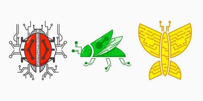 satz von insekten-tech-logo-konzept. Marienkäfer, Heuschrecke und Schmetterling. tierischer, einzigartiger, flacher und moderner Stil. rot, grün und gelb. geeignet für logo, symbol, symbol und zeichen. wie Antivirus-Logo