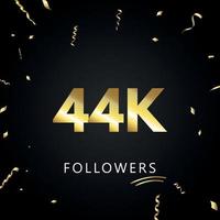 44.000 oder 44.000 Anhänger mit goldenem Konfetti isoliert auf schwarzem Hintergrund. Grußkartenvorlage für Freunde und Anhänger sozialer Netzwerke. Danke, Follower, Leistung. vektor