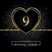 9 Jahre Jubiläumsfeier mit Goldherz und Goldglitter auf schwarzem Hintergrund. Vektordesign für Gruß, Geburtstagsfeier, Hochzeit, Eventparty. 9 Jahre Jubiläumslogo vektor