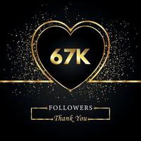 Danke 67.000 oder 67.000 Follower mit Herz und Goldglitter isoliert auf schwarzem Hintergrund. Grußkartenvorlage für Freunde und Anhänger sozialer Netzwerke. Danke, Follower, Leistung. vektor