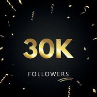 30k eller 30 tusen följare med guldkonfetti isolerad på svart bakgrund. gratulationskort mall för sociala nätverk vänner och följare. tack, följare, prestation. vektor