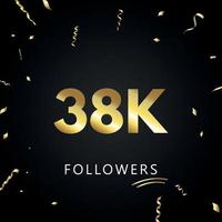 38.000 oder 38.000 Anhänger mit goldenem Konfetti isoliert auf schwarzem Hintergrund. Grußkartenvorlage für Freunde und Anhänger sozialer Netzwerke. Danke, Follower, Leistung. vektor