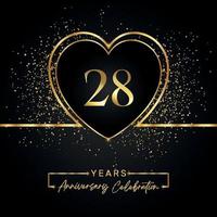 28 Jahre Jubiläumsfeier mit Goldherz und Goldglitter auf schwarzem Hintergrund. Vektordesign für Gruß, Geburtstagsfeier, Hochzeit, Eventparty. Logo zum 28-jährigen Jubiläum vektor