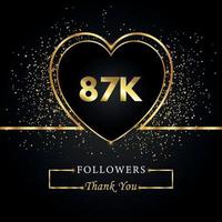 Danke 87.000 oder 87.000 Follower mit Herz und Goldglitter isoliert auf schwarzem Hintergrund. Grußkartenvorlage für Freunde und Anhänger sozialer Netzwerke. Danke, Follower, Leistung. vektor