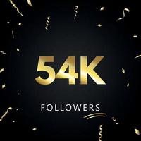 54k eller 54 tusen följare med guldkonfetti isolerad på svart bakgrund. gratulationskort mall för sociala nätverk vänner och följare. tack, följare, prestation. vektor