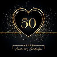50 Jahre Jubiläumsfeier mit Goldherz und Goldglitter auf schwarzem Hintergrund. Vektordesign für Gruß, Geburtstagsfeier, Hochzeit, Eventparty. Logo zum 50-jährigen Jubiläum vektor