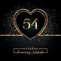 54 Jahre Jubiläumsfeier mit Goldherz und Goldglitter auf schwarzem Hintergrund. Vektordesign für Gruß, Geburtstagsfeier, Hochzeit, Eventparty. 54 Jahre Jubiläumslogo vektor