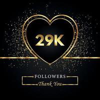 Danke 29.000 oder 29.000 Follower mit Herz und Goldglitter isoliert auf schwarzem Hintergrund. Grußkartenvorlage für Freunde und Anhänger sozialer Netzwerke. Danke, Follower, Leistung. vektor