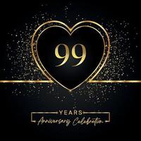 99 Jahre Jubiläumsfeier mit Goldherz und Goldglitter auf schwarzem Hintergrund. Vektordesign für Gruß, Geburtstagsfeier, Hochzeit, Eventparty. 99 Jahre Jubiläumslogo vektor