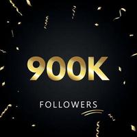 900.000 oder 900.000 Anhänger mit goldenem Konfetti isoliert auf schwarzem Hintergrund. Grußkartenvorlage für Freunde und Anhänger sozialer Netzwerke. Danke, Follower, Leistung. vektor